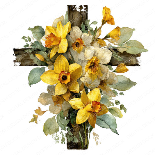 Cross with Daffodils fussy cut sheet in US Letter format showing all 12 designs on one printable page