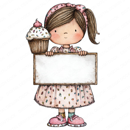 Cupcake Girl with Banner fussy cut sheet in US Letter format showing all 12 designs on one printable page