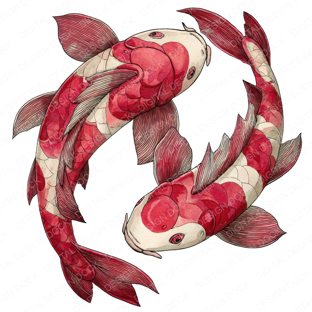 Curved Folk Koi Carp fussy cut sheet in US Letter format showing all 12 designs on one printable page