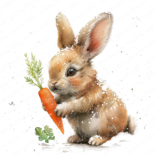 Cute Bunny Eating Carrot in Snow fussy cut sheet in US Letter format showing all 12 designs on one printable page
