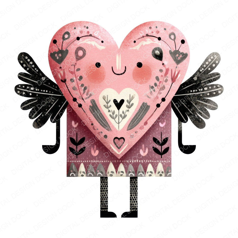 Cute Folk Art Heart Character fussy cut sheet in US Letter format showing all 12 designs on one printable page