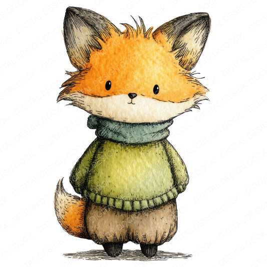 Cute Fox In Wool Jumper fussy cut sheet in US Letter format showing all 12 designs on one printable page