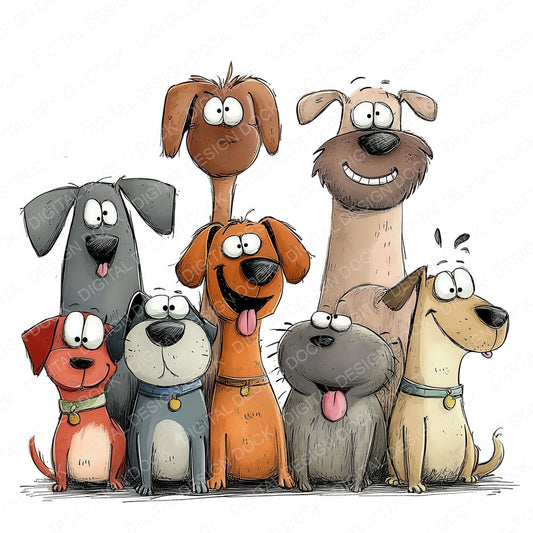 Cute Group of Funny Dogs fussy cut sheet in US Letter format showing all 12 designs on one printable page