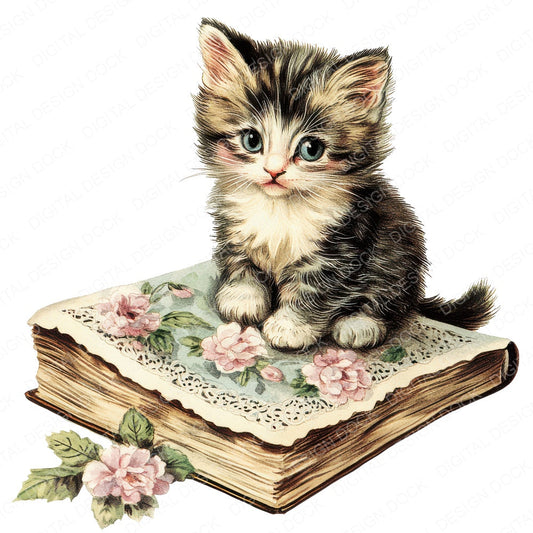 Cute Victorian Kitten on Book fussy cut sheet in US Letter format showing all 12 designs on one printable page