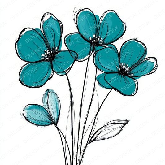 Deep Teal Abstract Flowers fussy cut sheet in US Letter format showing all 12 designs on one printable page