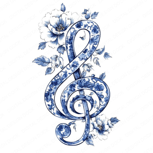 Delft Blue Music Clef fussy cut sheet in US Letter format showing all 12 designs on one printable page