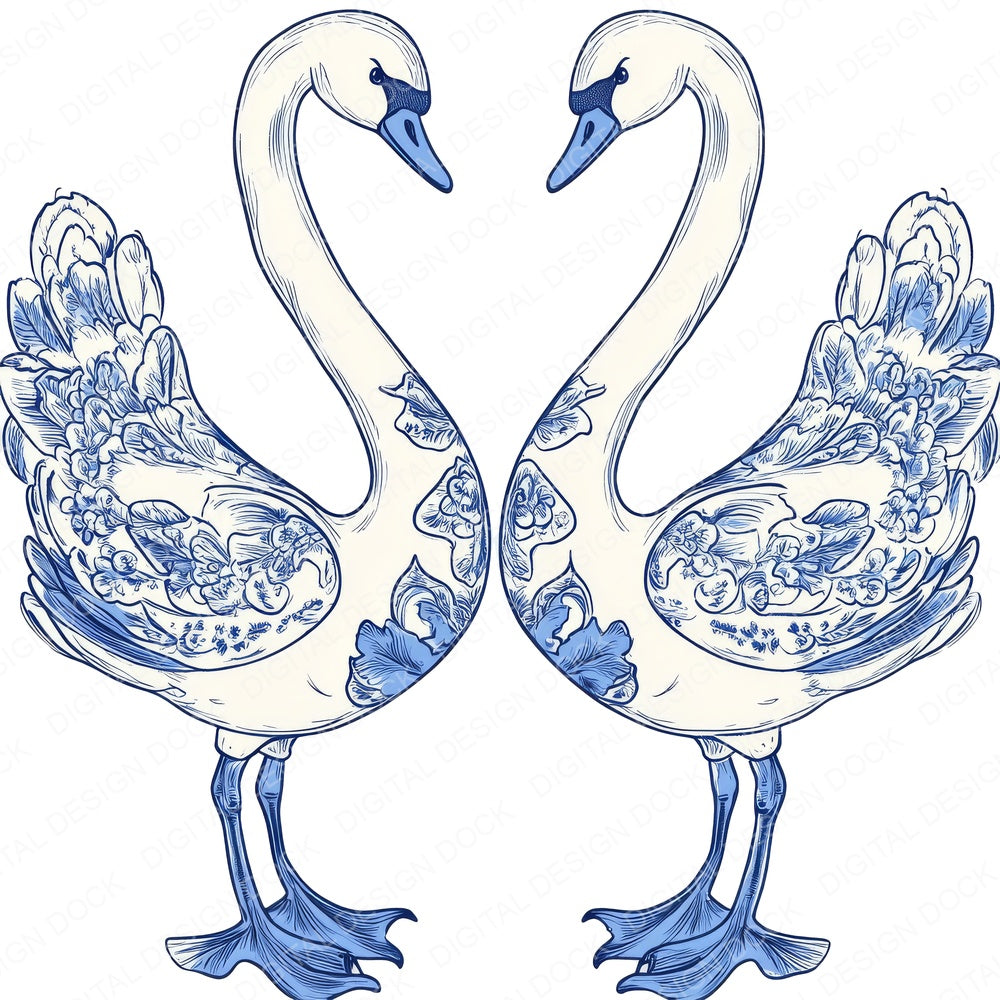 Delftware style Swan Pair fussy cut sheet in US Letter format showing all 12 designs on one printable page