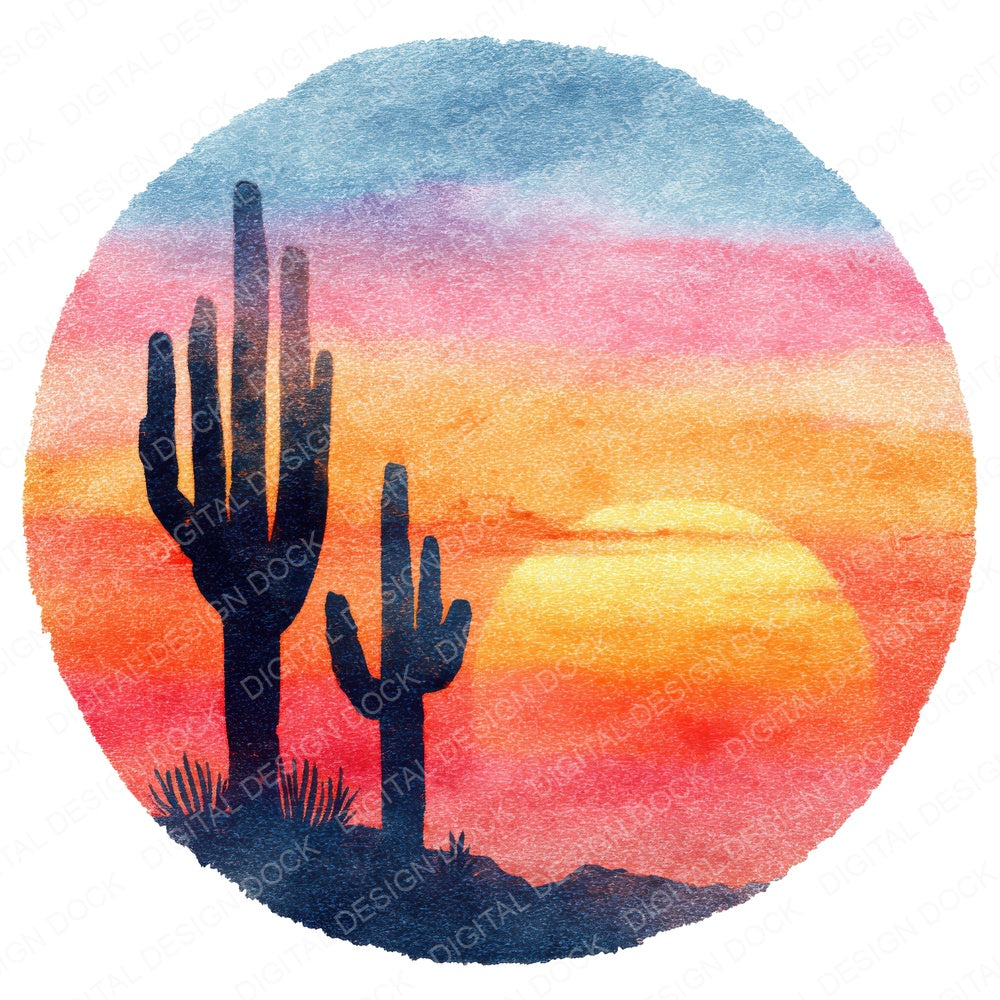 Desert Cactus Sunset Scene fussy cut sheet in US Letter format showing all 12 designs on one printable page
