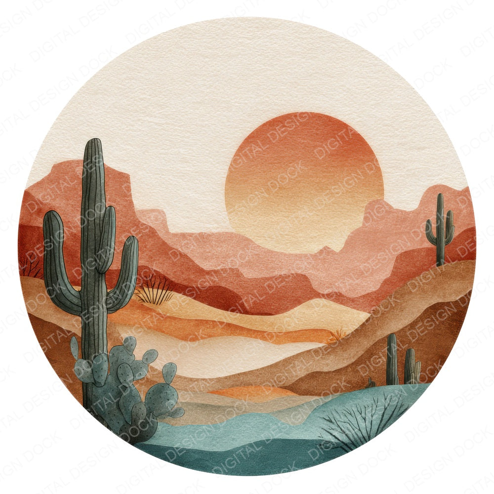 Desert Round Scene fussy cut sheet in US Letter format showing all 12 designs on one printable page
