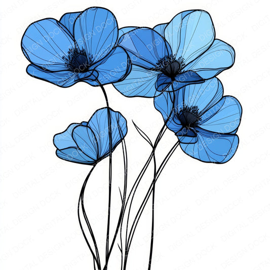 Electric Blue Abstract Flowers fussy cut sheet in US Letter format showing all 12 designs on one printable page