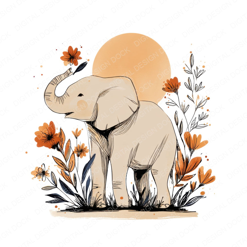 Elephant Floral Line Art fussy cut sheet in US Letter format showing all 12 designs on one printable page