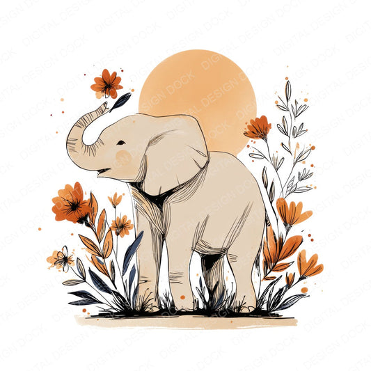 Elephant Floral Line Art fussy cut sheet in US Letter format showing all 12 designs on one printable page