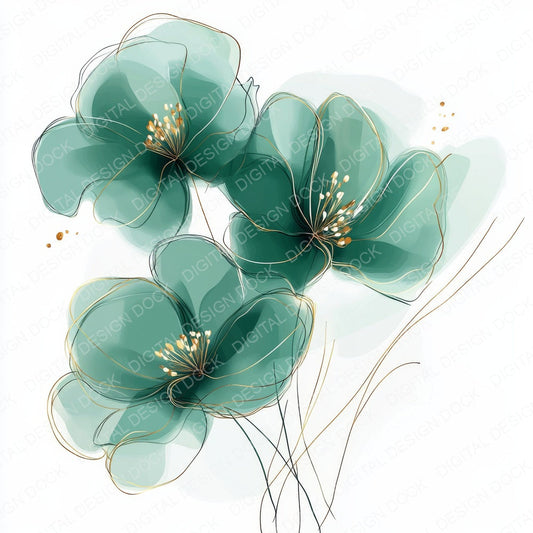 Emerald Green Abstract Flowers fussy cut sheet in US Letter format showing all 12 designs on one printable page