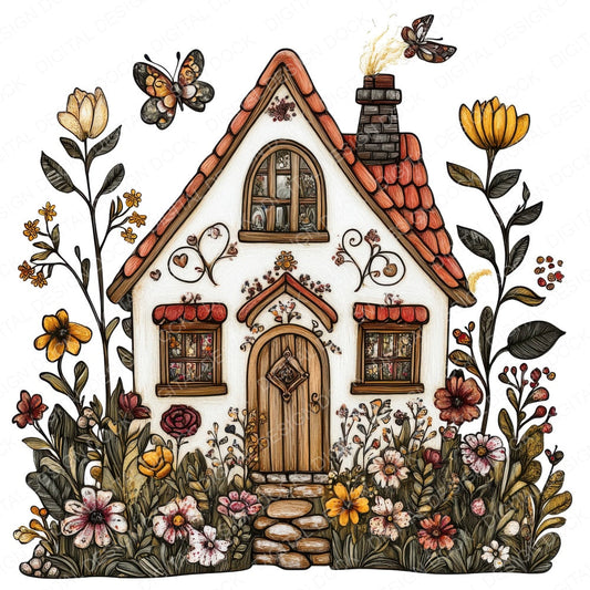 Enchanted Folk Art Cottage fussy cut sheet in US Letter format showing all 12 designs on one printable page