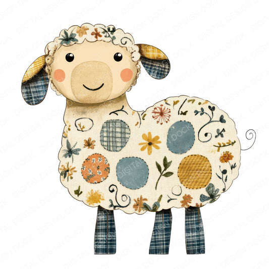 Fabric Cute Floral Patch Sheep Clipart Set (DDD005194)