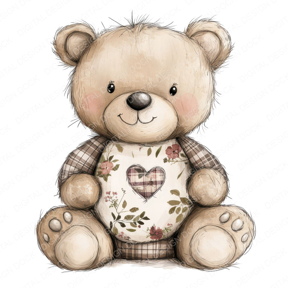 Fabric Floral Belly Baby Bear fussy cut sheet in US Letter format showing all 12 designs on one printable page