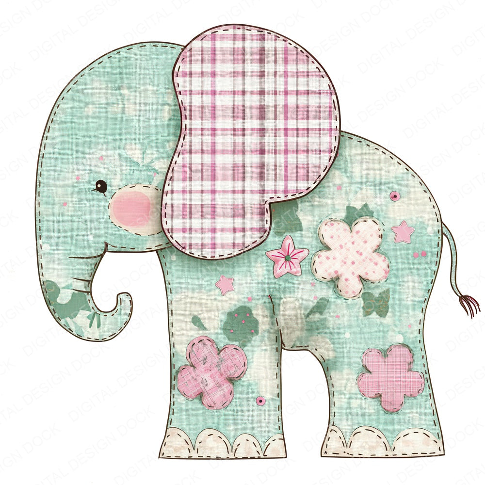 Fabric Mint Tartan Baby Elephant fussy cut sheet in US Letter format showing all 12 designs on one printable page