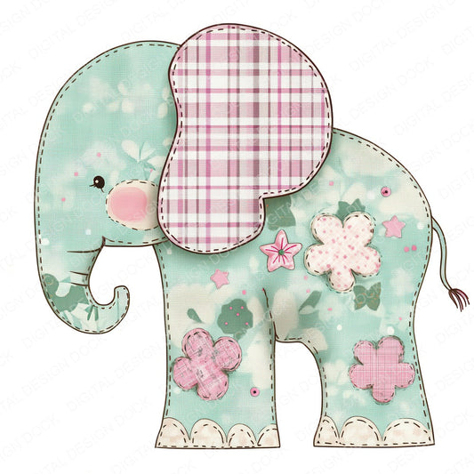 Fabric Mint Tartan Baby Elephant fussy cut sheet in US Letter format showing all 12 designs on one printable page