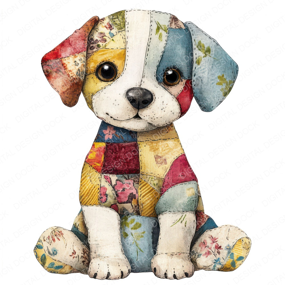 Fabric Patchwork Cute Dog Teddy fussy cut sheet in US Letter format showing all 12 designs on one printable page