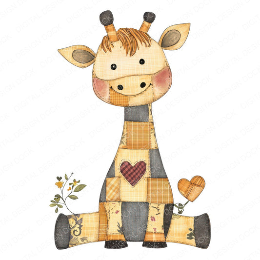 Fabric Patchwork Giraffe with Heart fussy cut sheet in US Letter format showing all 12 designs on one printable page