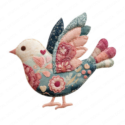 Fabric Patchwork Heart Bird Clipart Set (DDD005244)