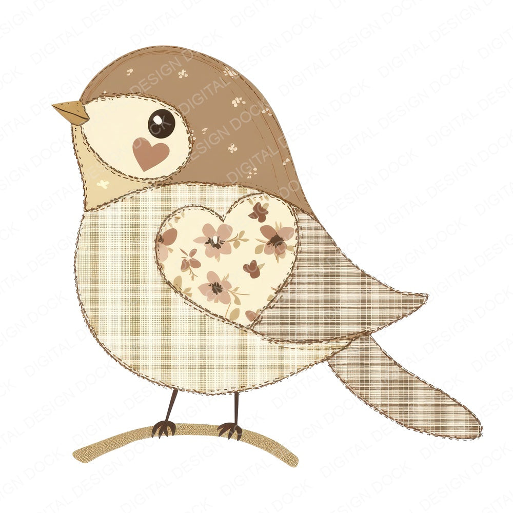 Fabric Sparrow with Heart Button fussy cut sheet in US Letter format showing all 12 designs on one printable page