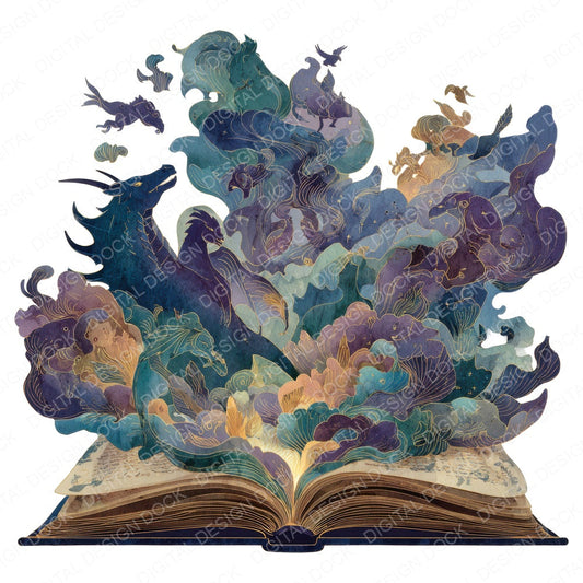 Fantasy Creatures Open Book fussy cut sheet in US Letter format showing all 12 designs on one printable page