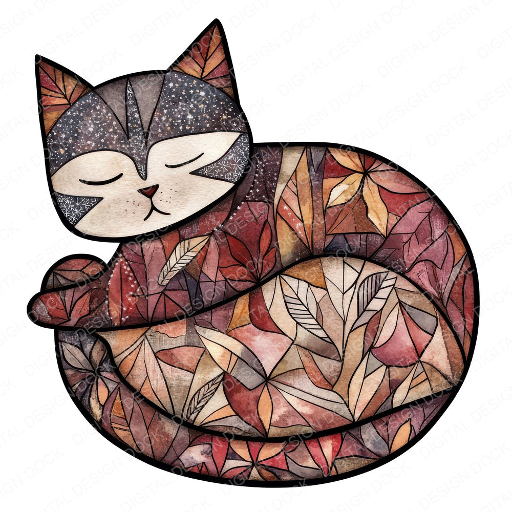 Flat Folk Art Cat Sleep fussy cut sheet in US Letter format showing all 12 designs on one printable page