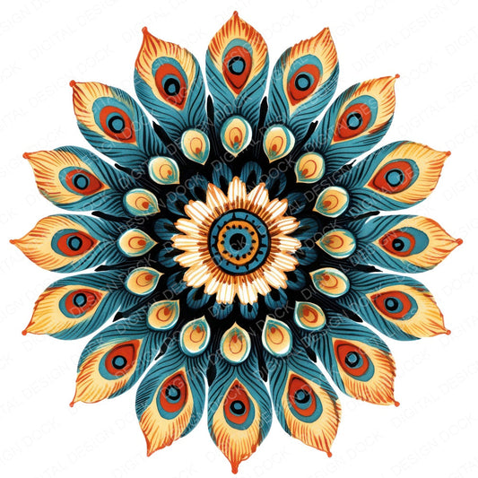 Flat Folk Art Feather Mandala fussy cut sheet in US Letter format showing all 12 designs on one printable page