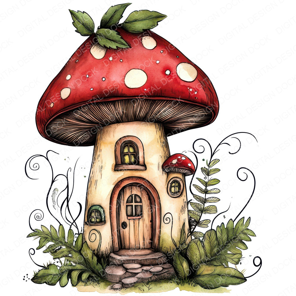 Flat Folk Art Mushroom House fussy cut sheet in US Letter format showing all 12 designs on one printable page