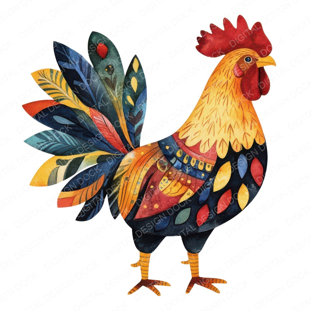 Flat Folk Art Rooster fussy cut sheet in US Letter format showing all 12 designs on one printable page