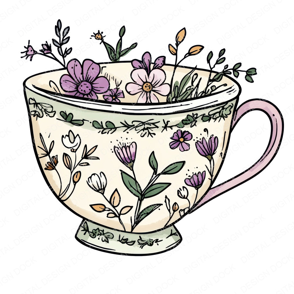 Flat Folk Art Teacup fussy cut sheet in US Letter format showing all 12 designs on one printable page