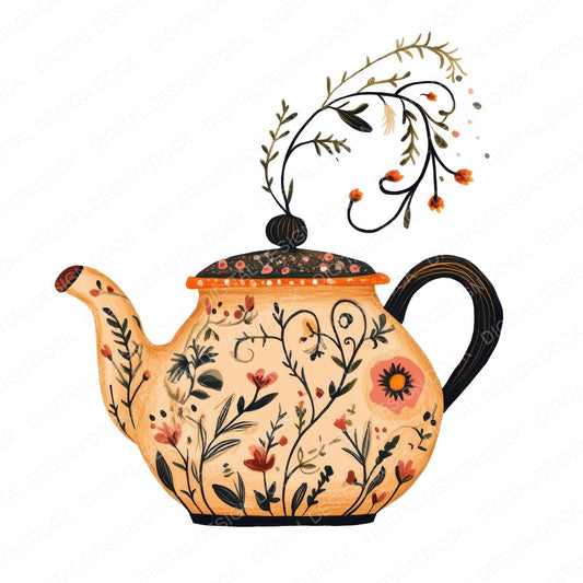 Flat Folk Art Teapot Vines fussy cut sheet in US Letter format showing all 12 designs on one printable page