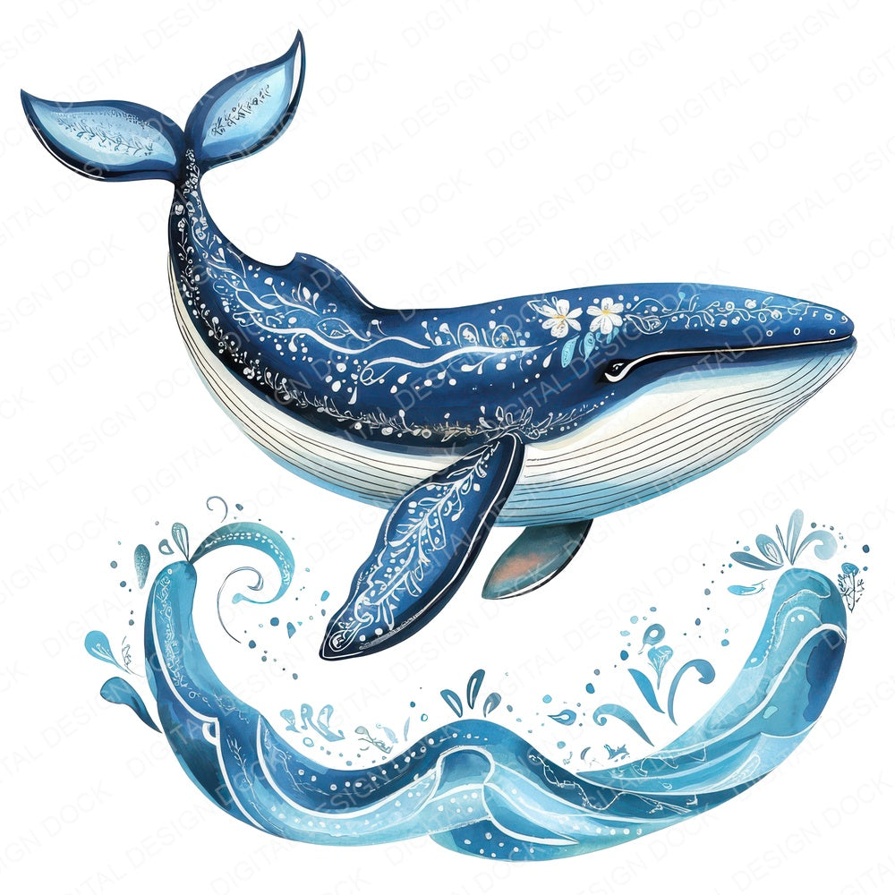 Flat Folk Art Whale Splash fussy cut sheet in US Letter format showing all 12 designs on one printable page