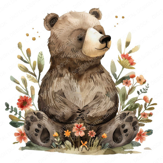 Floral Brown Bear fussy cut sheet in US Letter format showing all 12 designs on one printable page