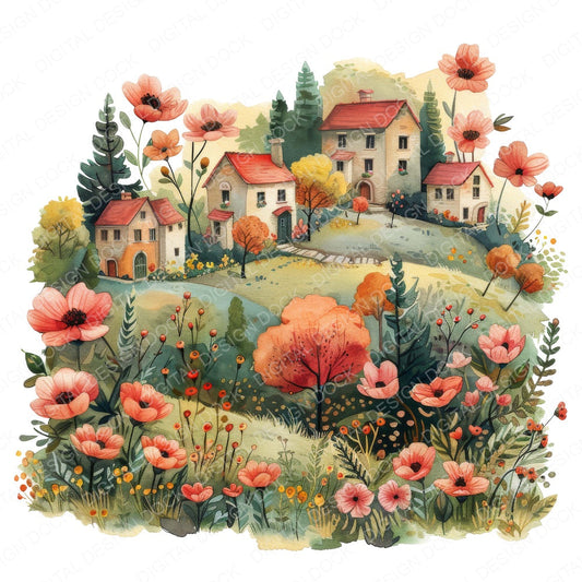 Floral Cartoon Village fussy cut sheet in US Letter format showing all 12 designs on one printable page