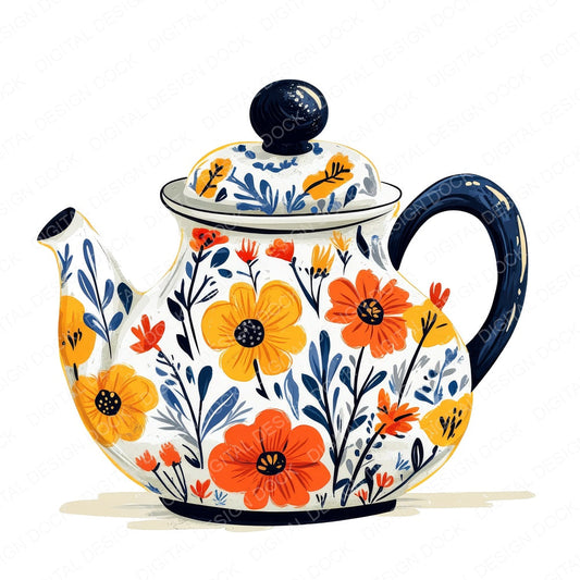 Floral Cottage Tea Pot fussy cut sheet in US Letter format showing all 12 designs on one printable page