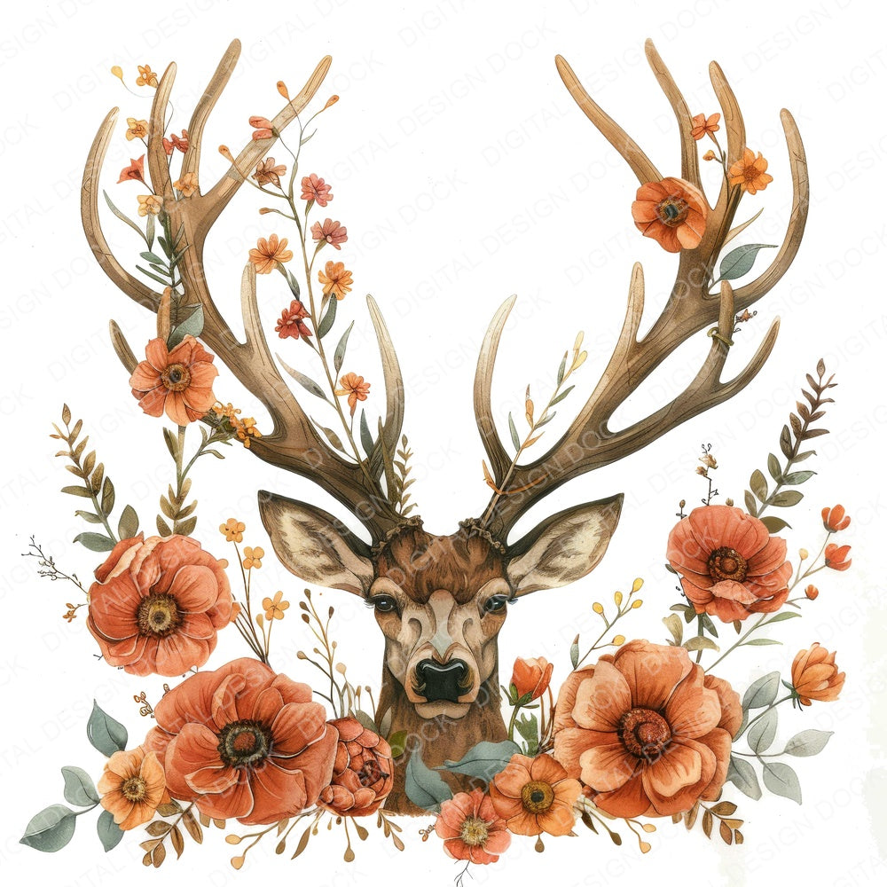 Floral Deer Antlers B fussy cut sheet in US Letter format showing all 12 designs on one printable page