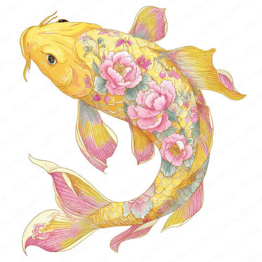 Floral Pattern Koi Carp fussy cut sheet in US Letter format showing all 12 designs on one printable page