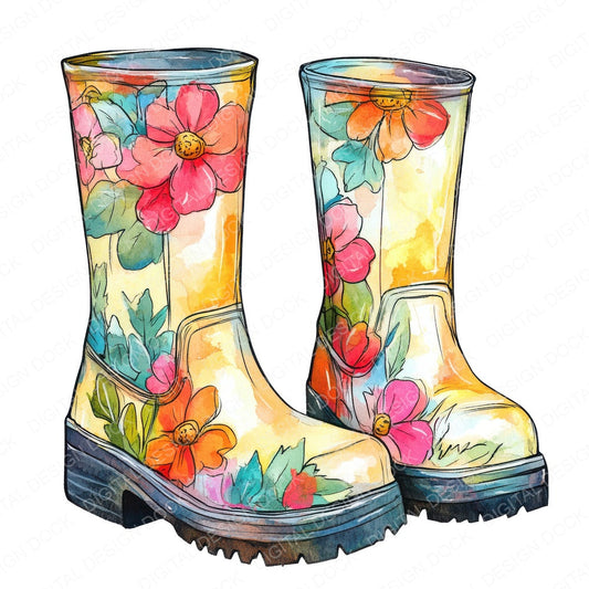 Floral Rain Boots fussy cut sheet in US Letter format showing all 12 designs on one printable page