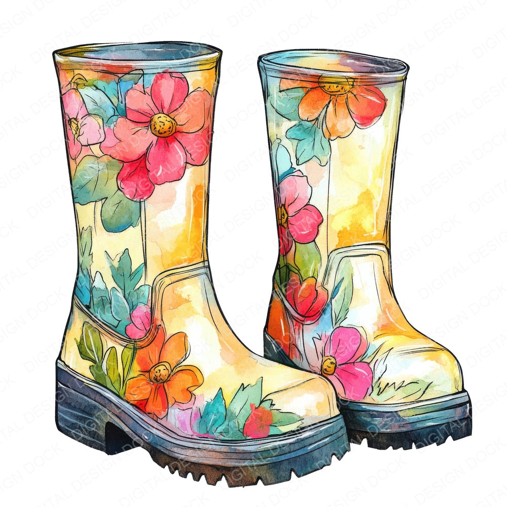 Floral Rain Boots fussy cut sheet in US Letter format showing all 12 designs on one printable page