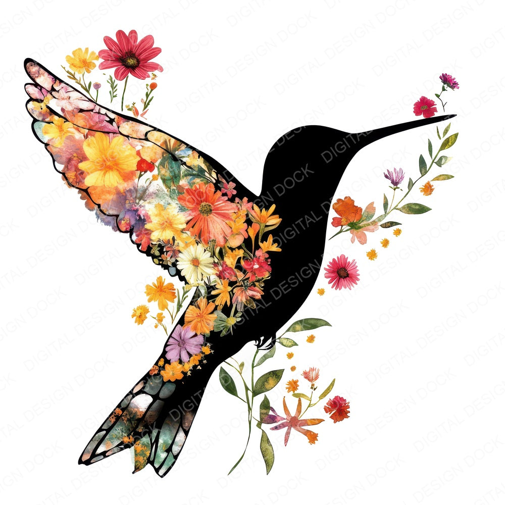 Floral Silhouette Hummingbird fussy cut sheet in US Letter format showing all 12 designs on one printable page