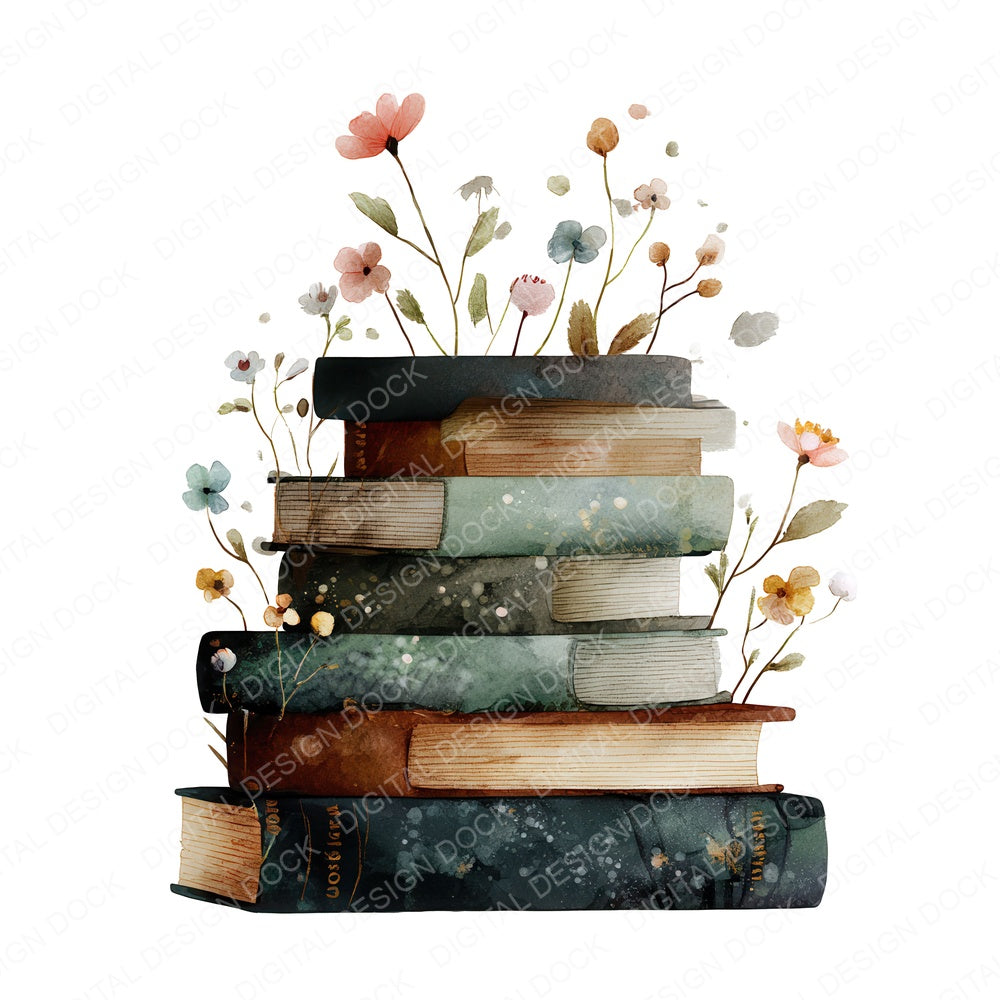 Floral Stack of Books fussy cut sheet in US Letter format showing all 12 designs on one printable page