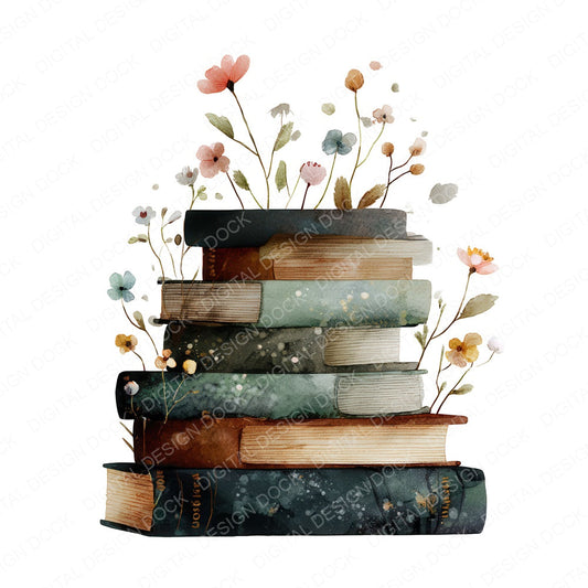 Floral Stack of Books fussy cut sheet in US Letter format showing all 12 designs on one printable page