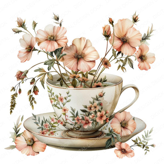 Floral Teacup fussy cut sheet in US Letter format showing all 12 designs on one printable page