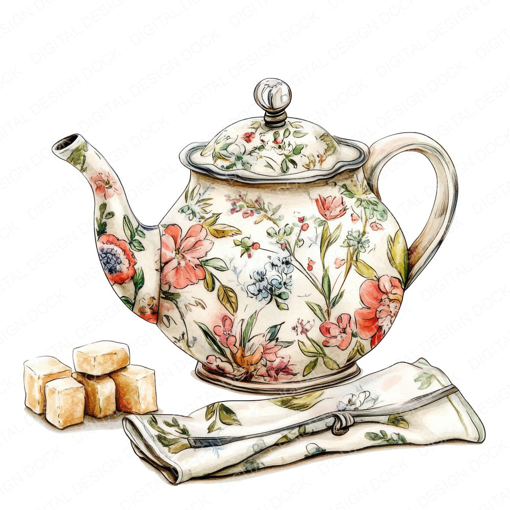 Floral Teapot fussy cut sheet in US Letter format showing all 12 designs on one printable page