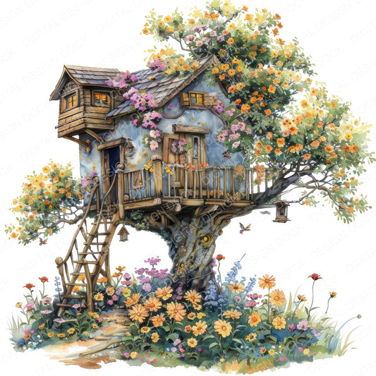 Floral Tree House fussy cut sheet in US Letter format showing all 12 designs on one printable page
