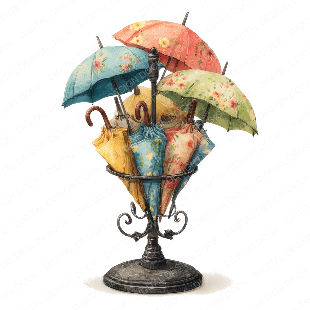 Floral Umbrella Stand fussy cut sheet in US Letter format showing all 12 designs on one printable page