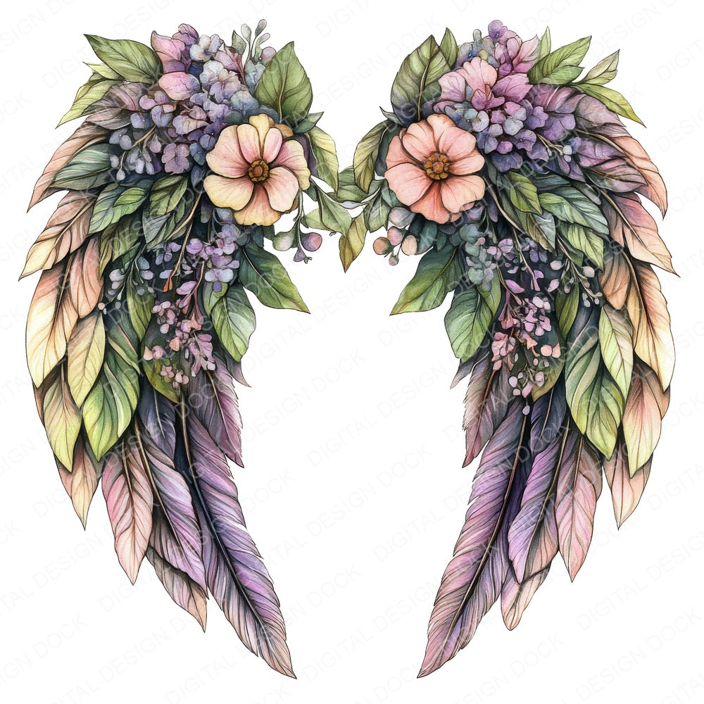 Floral Vine Angel Wings fussy cut sheet in US Letter format showing all 12 designs on one printable page