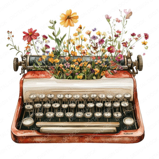 Floral Vintage Typewriter fussy cut sheet in US Letter format showing all 12 designs on one printable page